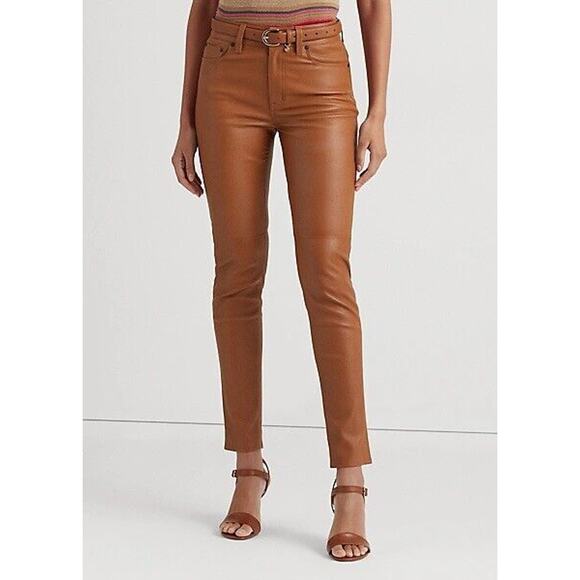 Lauren Ralph Lauren Skinny Ankle Genuine Leather Tan Cognac High Waist Western 4 - Picture 1 of 4